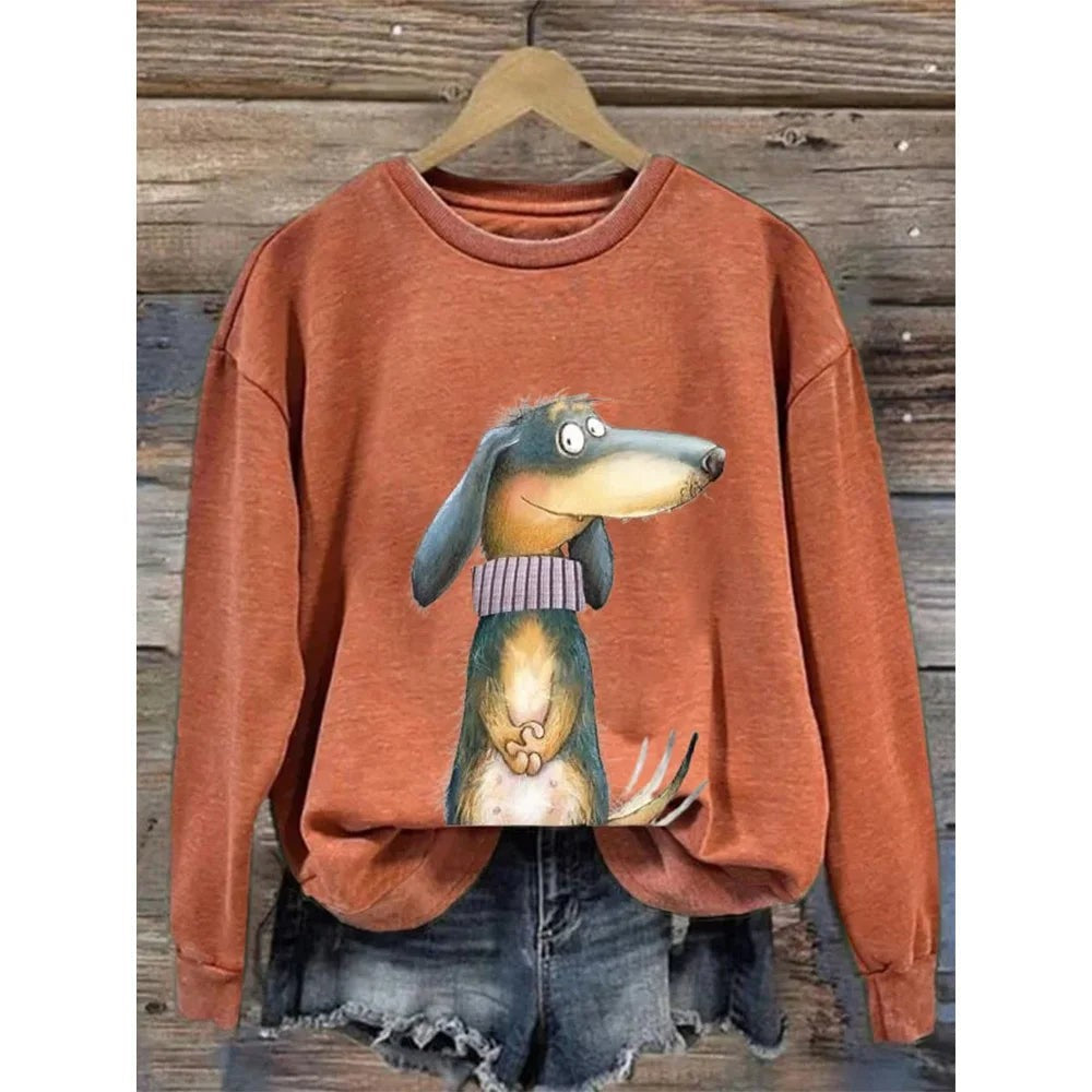 Dog Print Graphic Sweatshirt Crew Neck