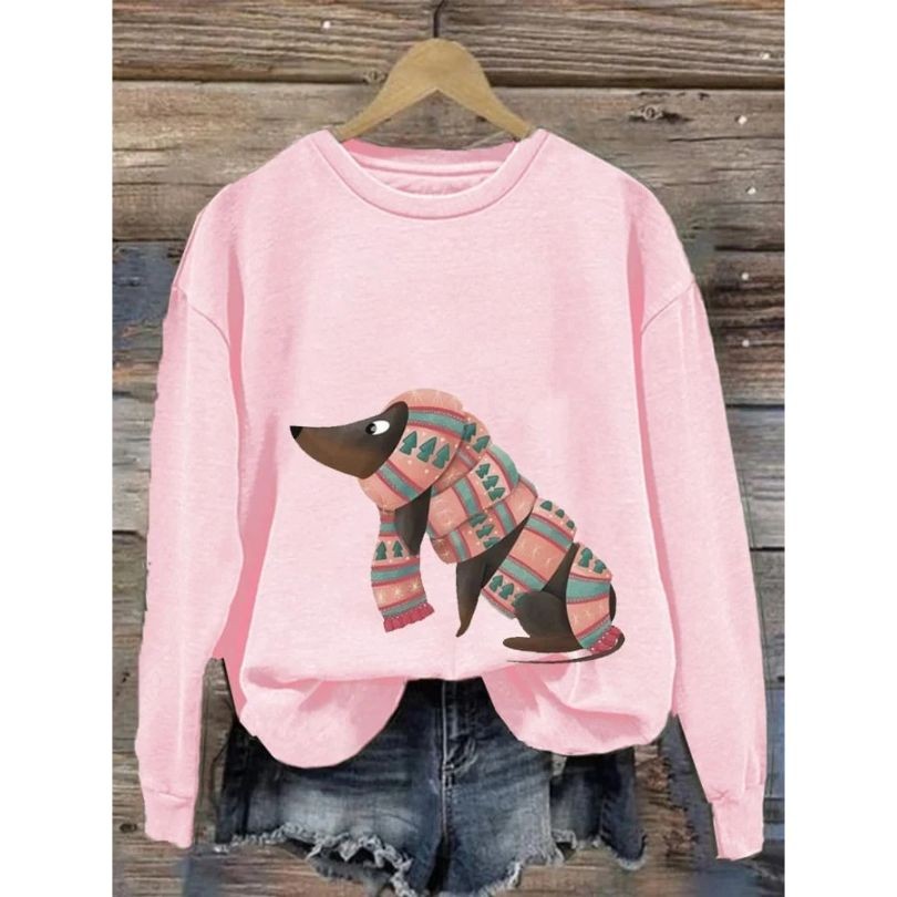 Dog Print Graphic Sweatshirt Crew Neck