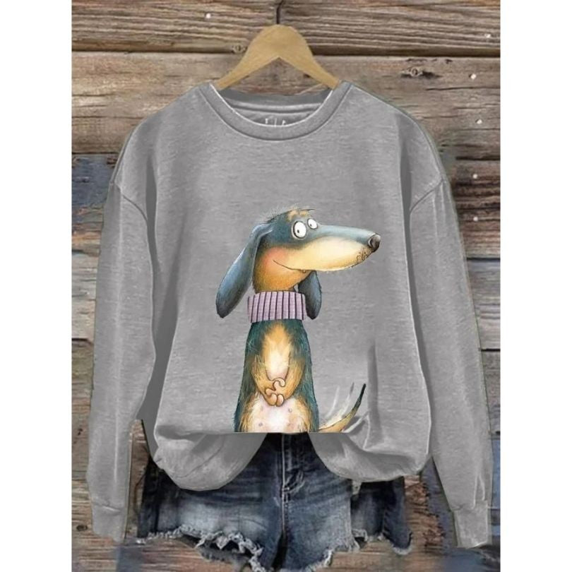 Dog Print Graphic Sweatshirt Crew Neck
