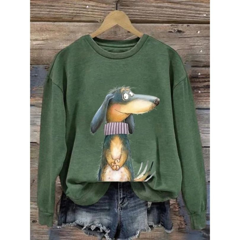 Dog Print Graphic Sweatshirt Crew Neck