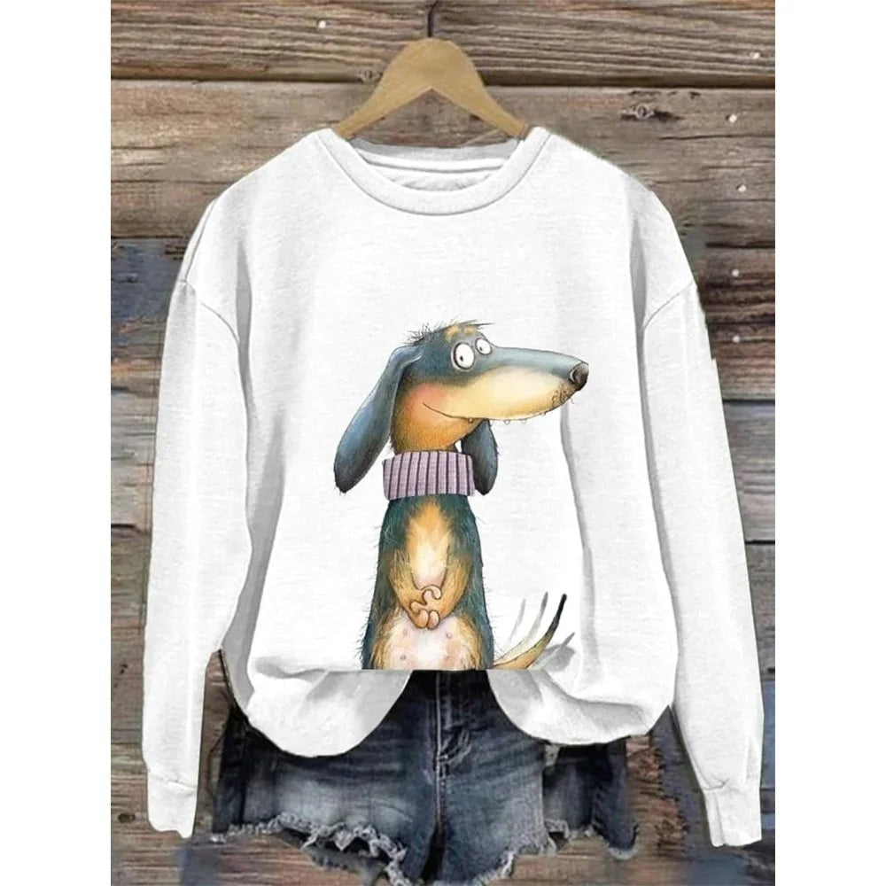 Dog Print Graphic Sweatshirt Crew Neck
