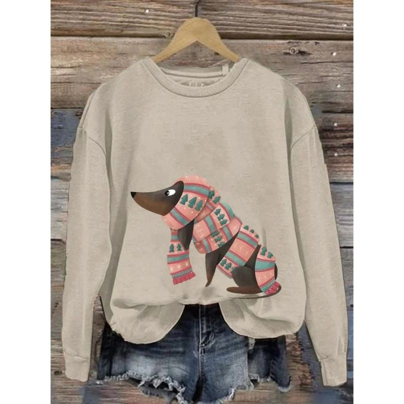 Dog Print Graphic Sweatshirt Crew Neck