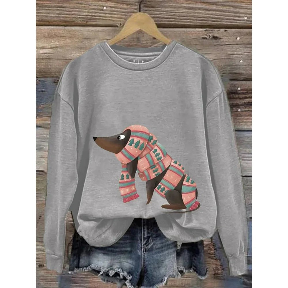 Dog Print Graphic Sweatshirt Crew Neck