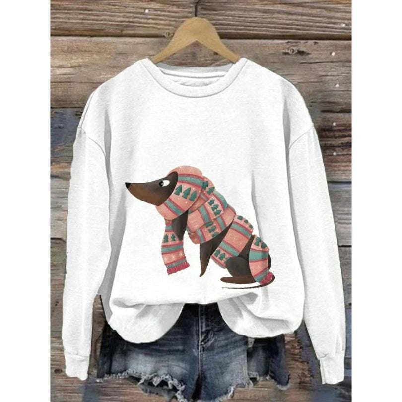 Dog Print Graphic Sweatshirt Crew Neck
