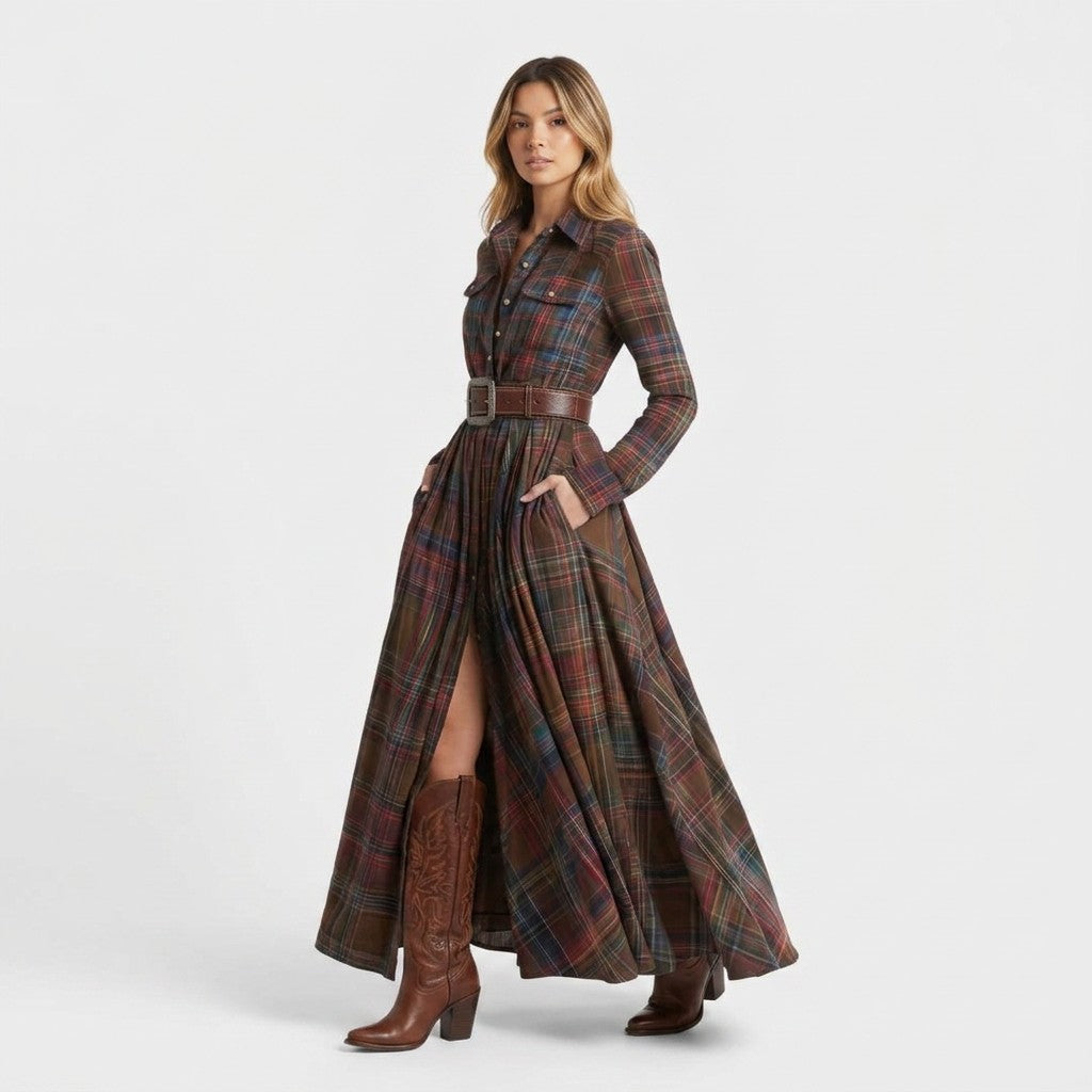 Plaid Maxi Shirt Dress Long Sleeve