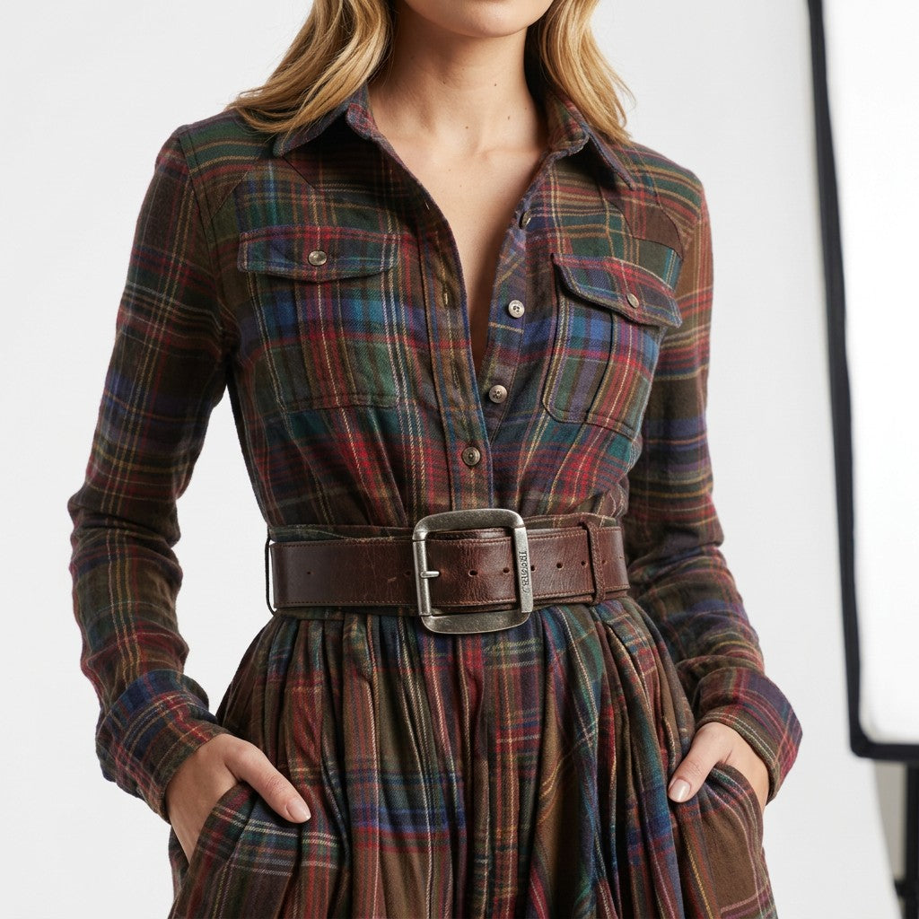 Plaid Maxi Shirt Dress Long Sleeve