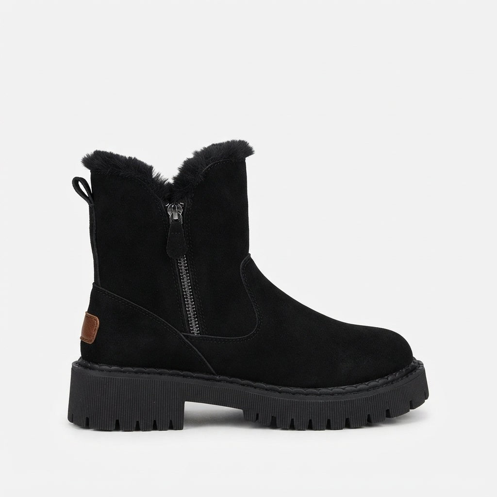 Bottines en fausse fourrure, fermeture latérale, semelle crantée
