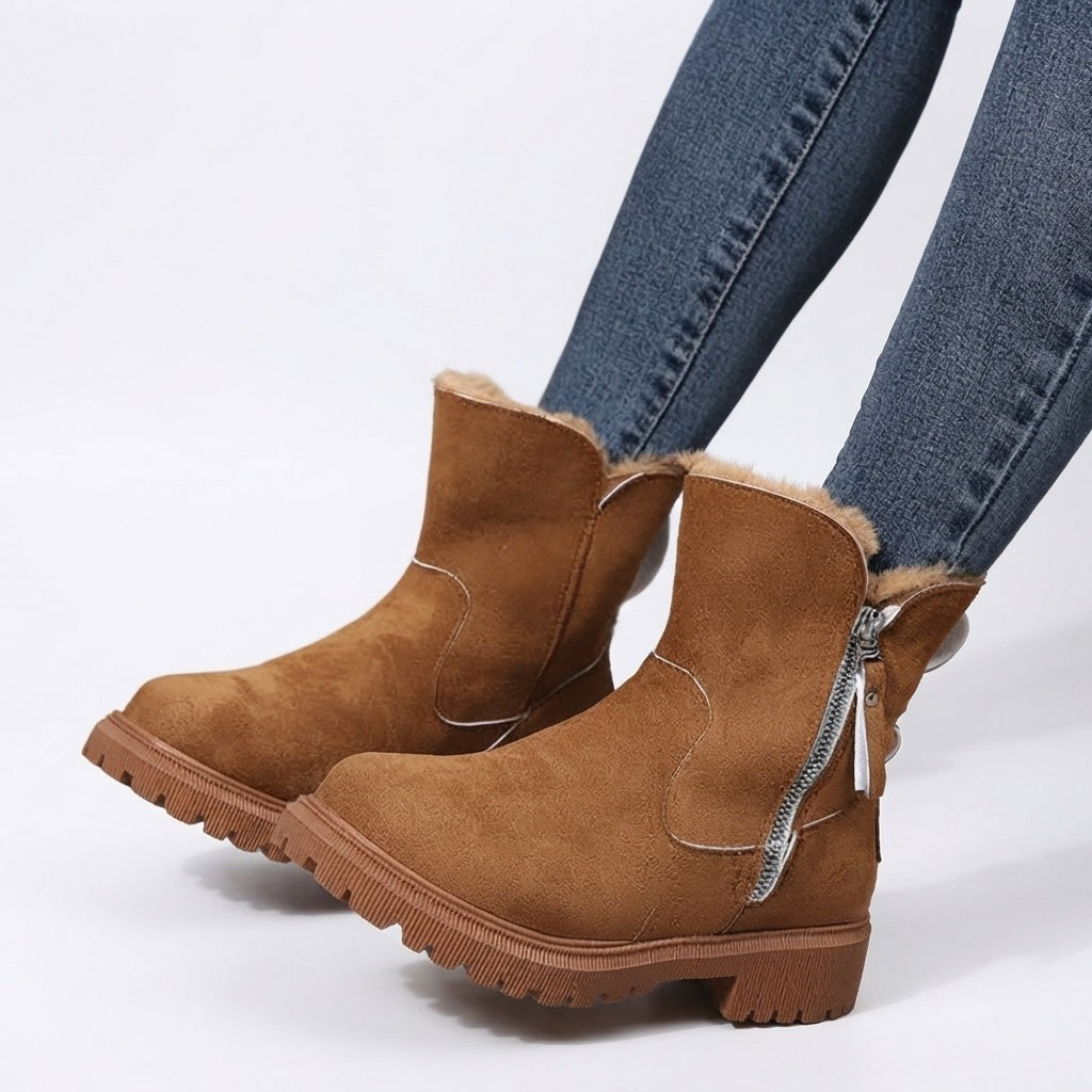 Bottines en fausse fourrure, fermeture latérale, semelle crantée