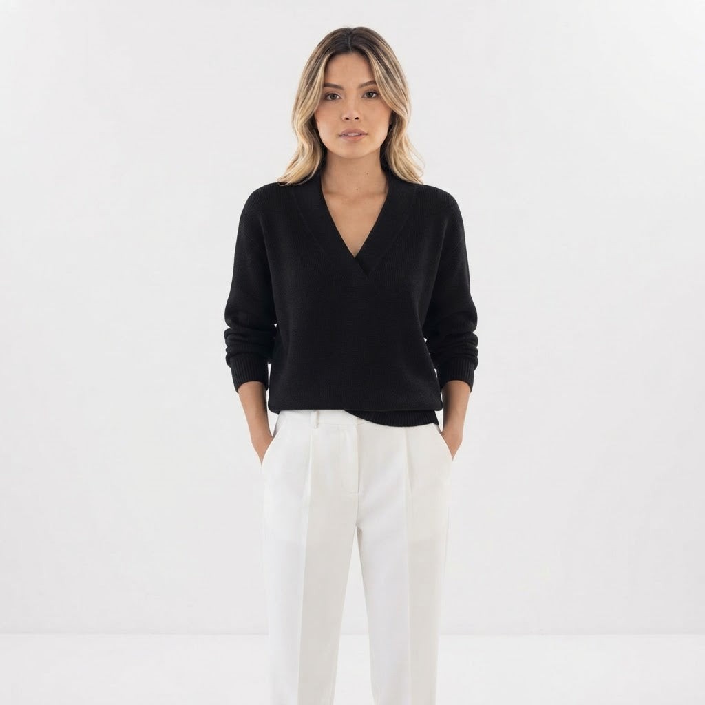 V Neck Wrap Sweater Ribbed Cuffs