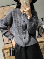 Button Up Cardigan Hollow Knit Round Neck