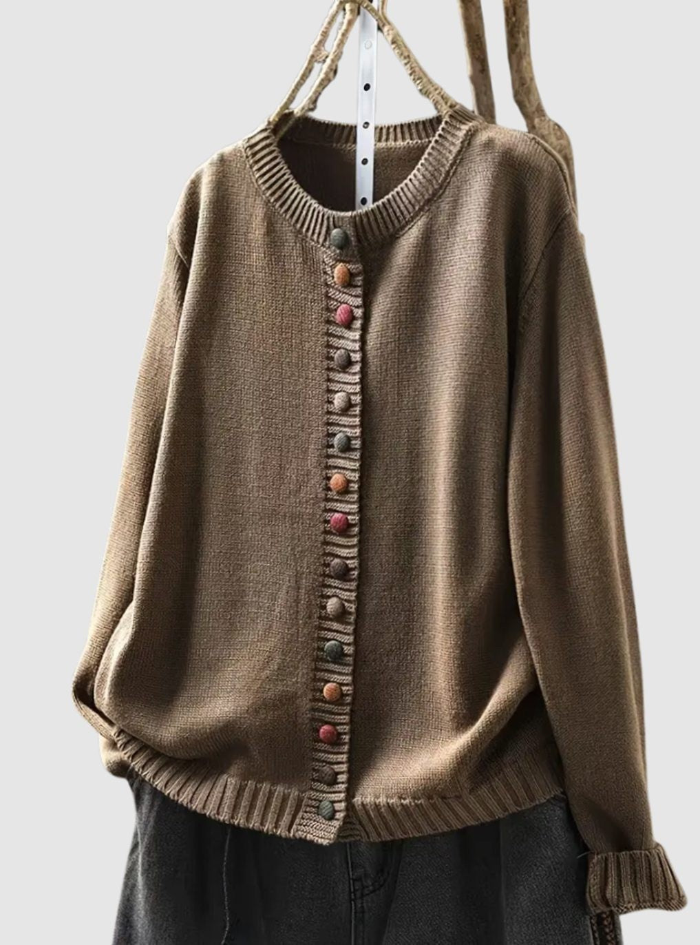 Button Front Cardigan Knit Crew Neck