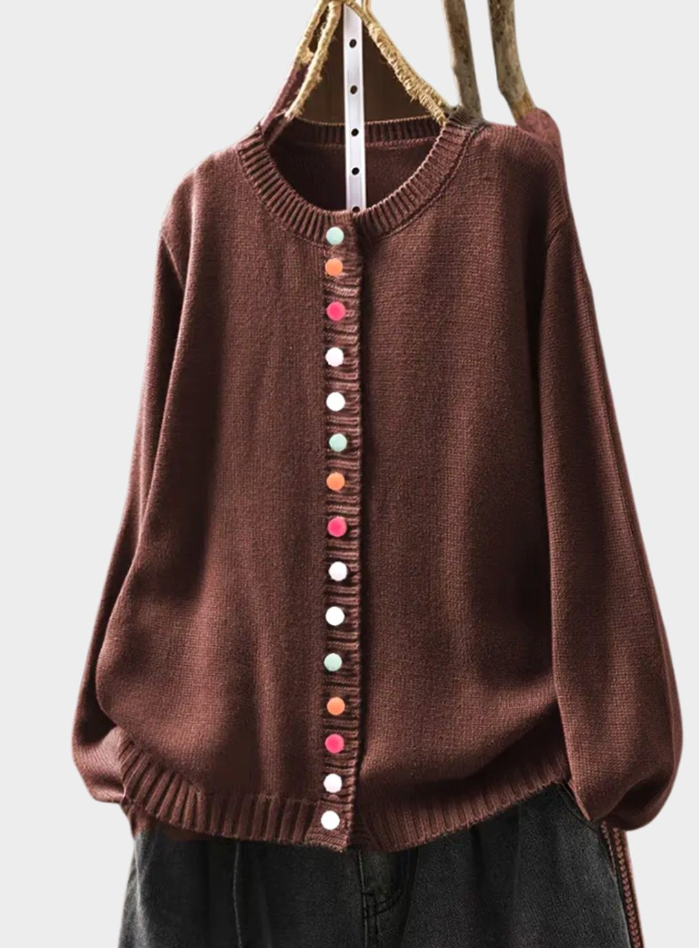 Button Front Cardigan Knit Crew Neck