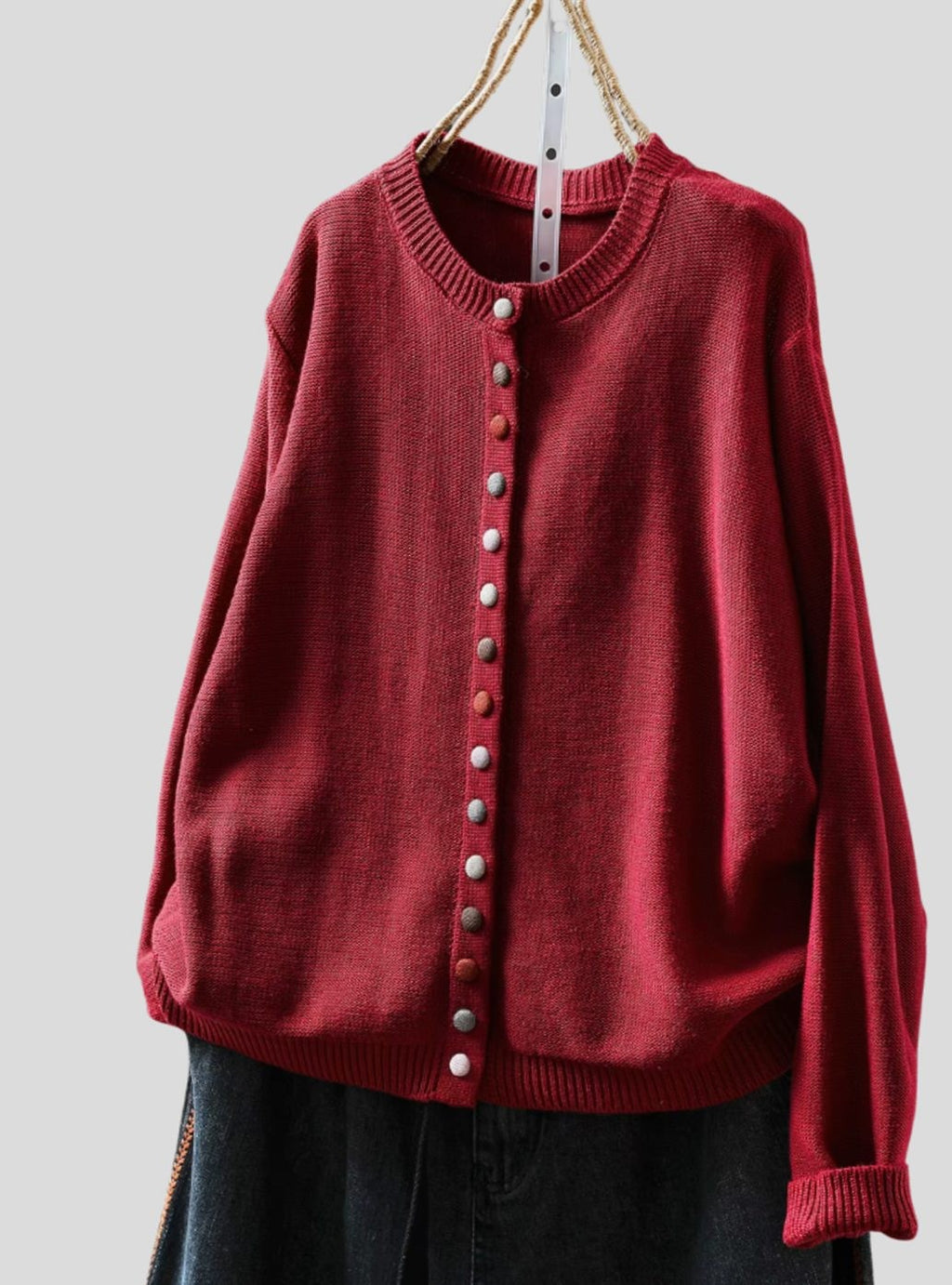 Button Front Cardigan Knit Crew Neck