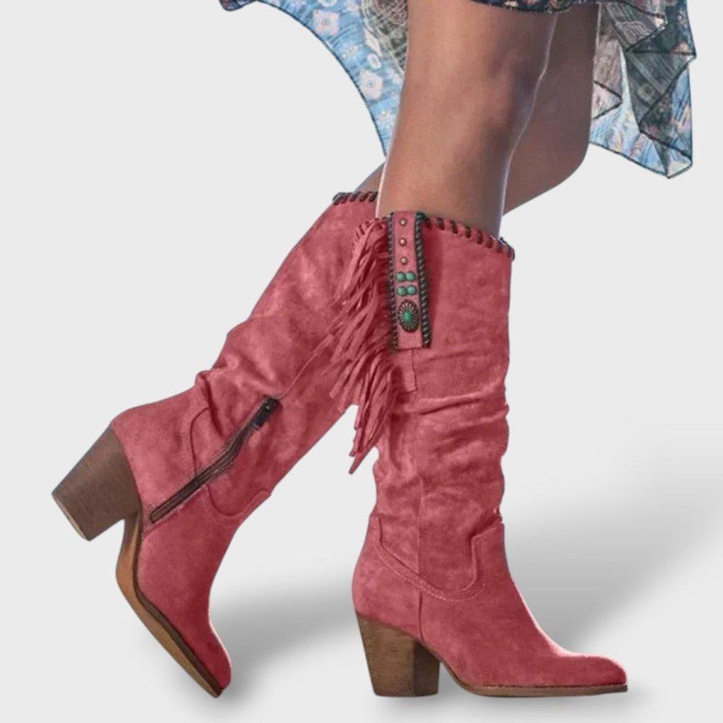 Bottes hautes western style cowboy à franges, talon carré