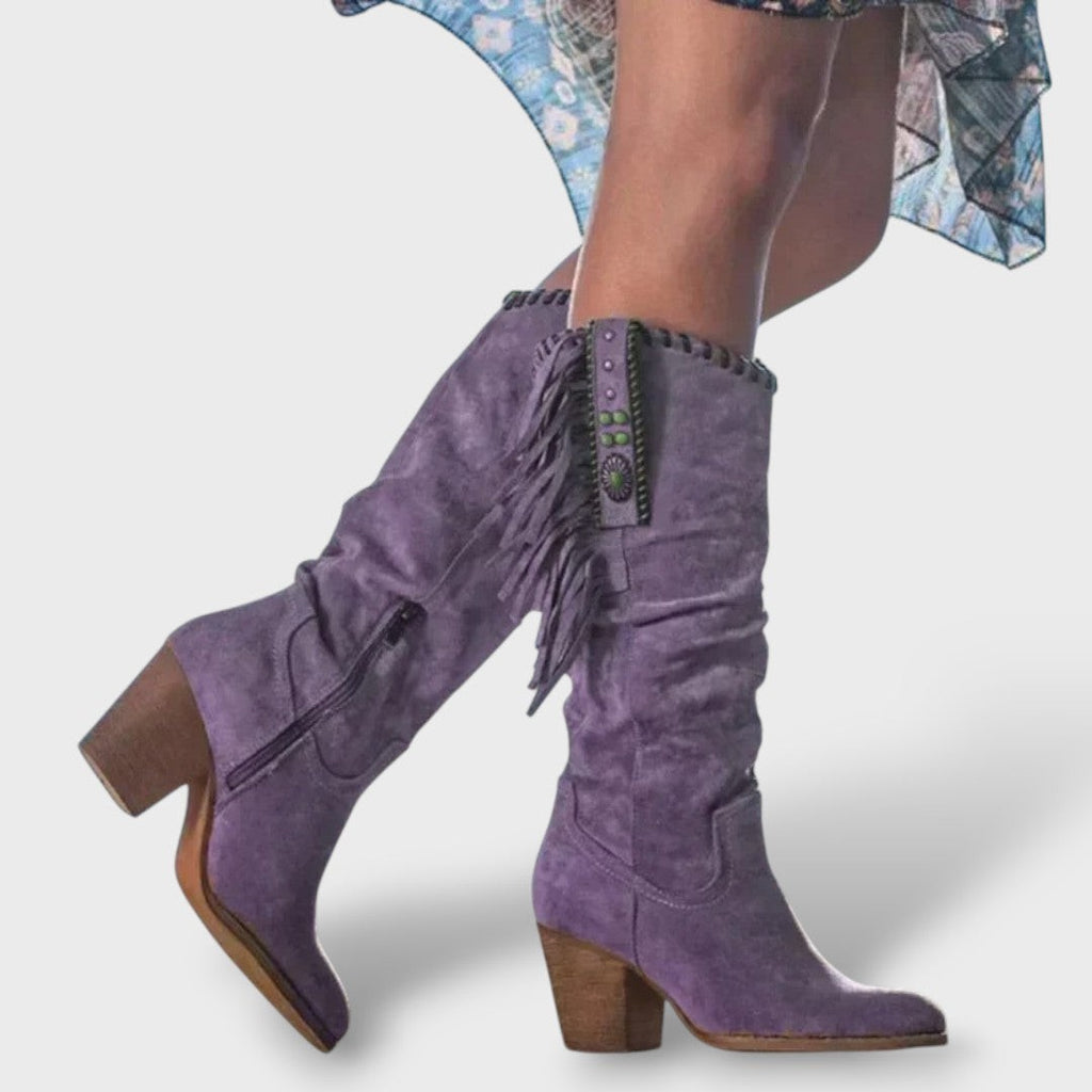 Bottes hautes western style cowboy à franges, talon carré