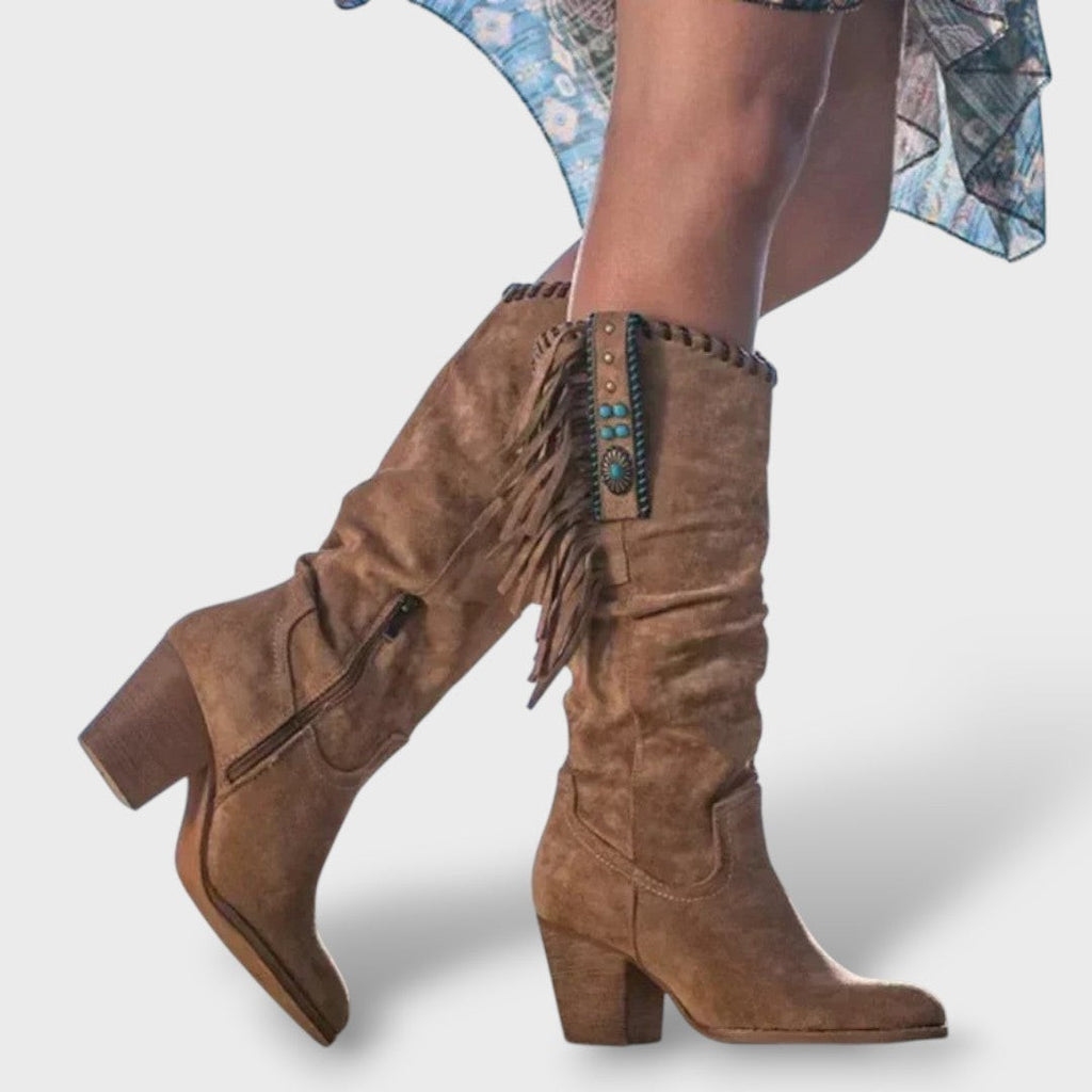 Bottes hautes western style cowboy à franges, talon carré