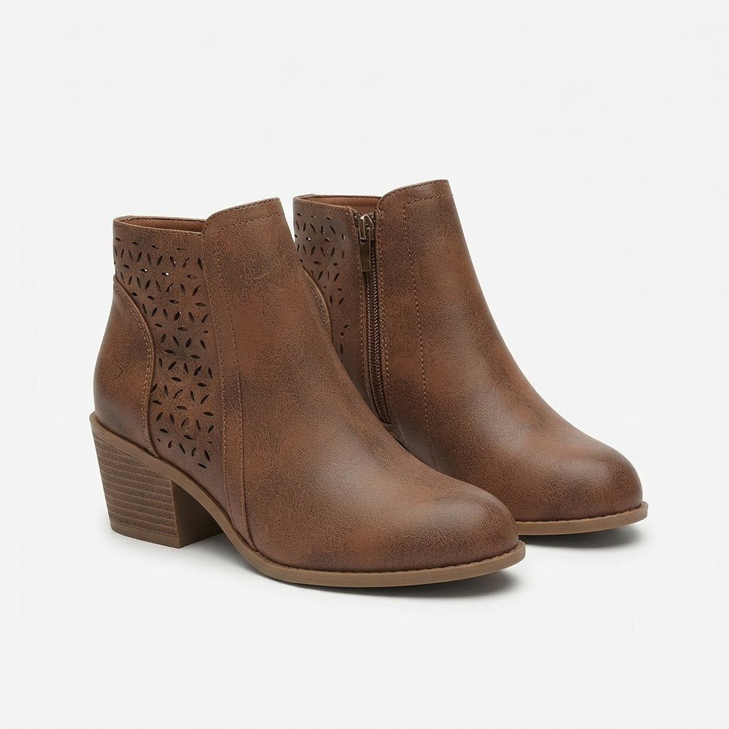 Bottines à talon carré avec découpes et fermeture éclair latérale