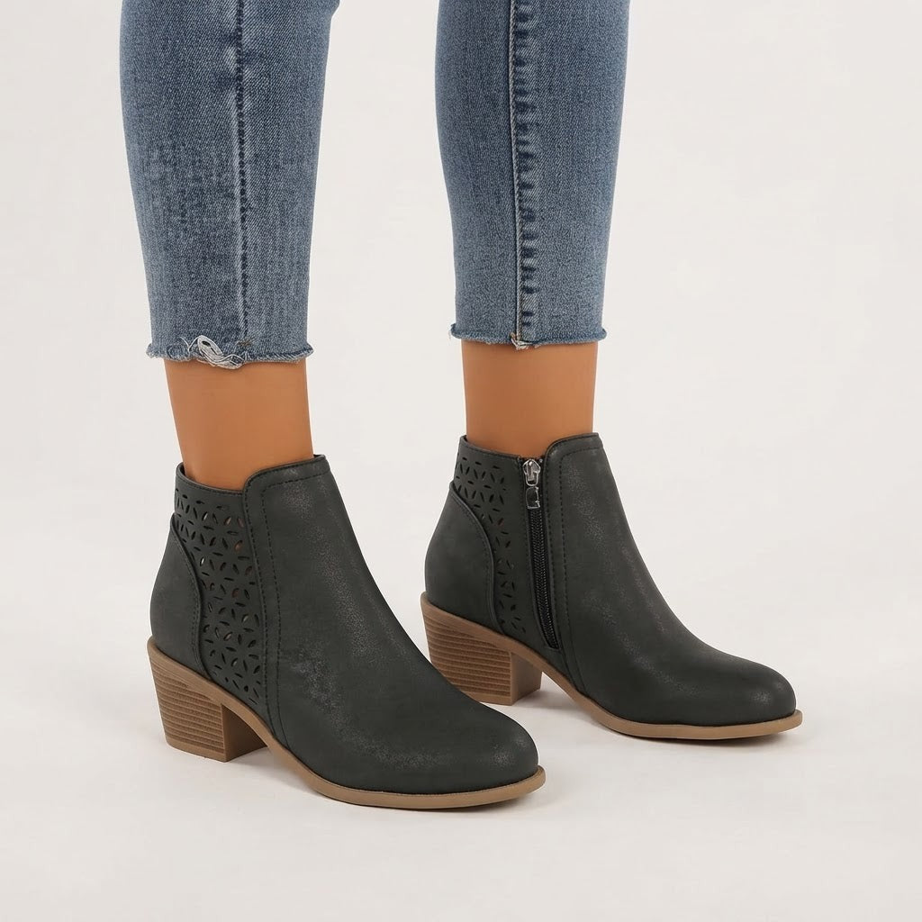 Bottines à talon carré avec découpes et fermeture éclair latérale