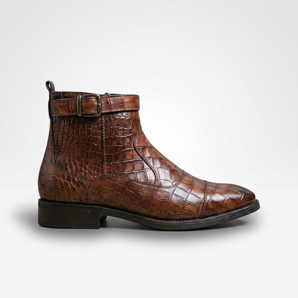 Croc Embossed Zip Ankle Boots Buckle Strap