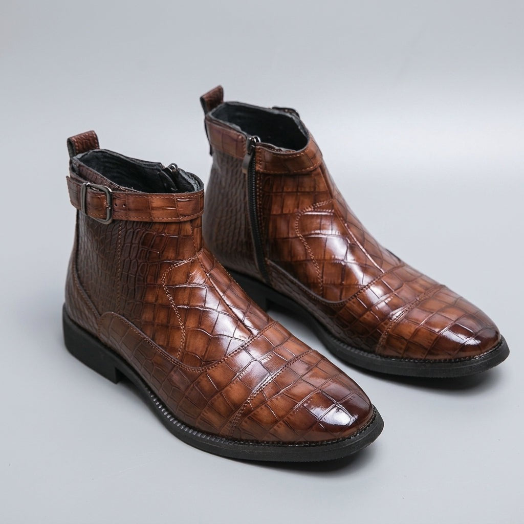 Croc Embossed Zip Ankle Boots Buckle Strap