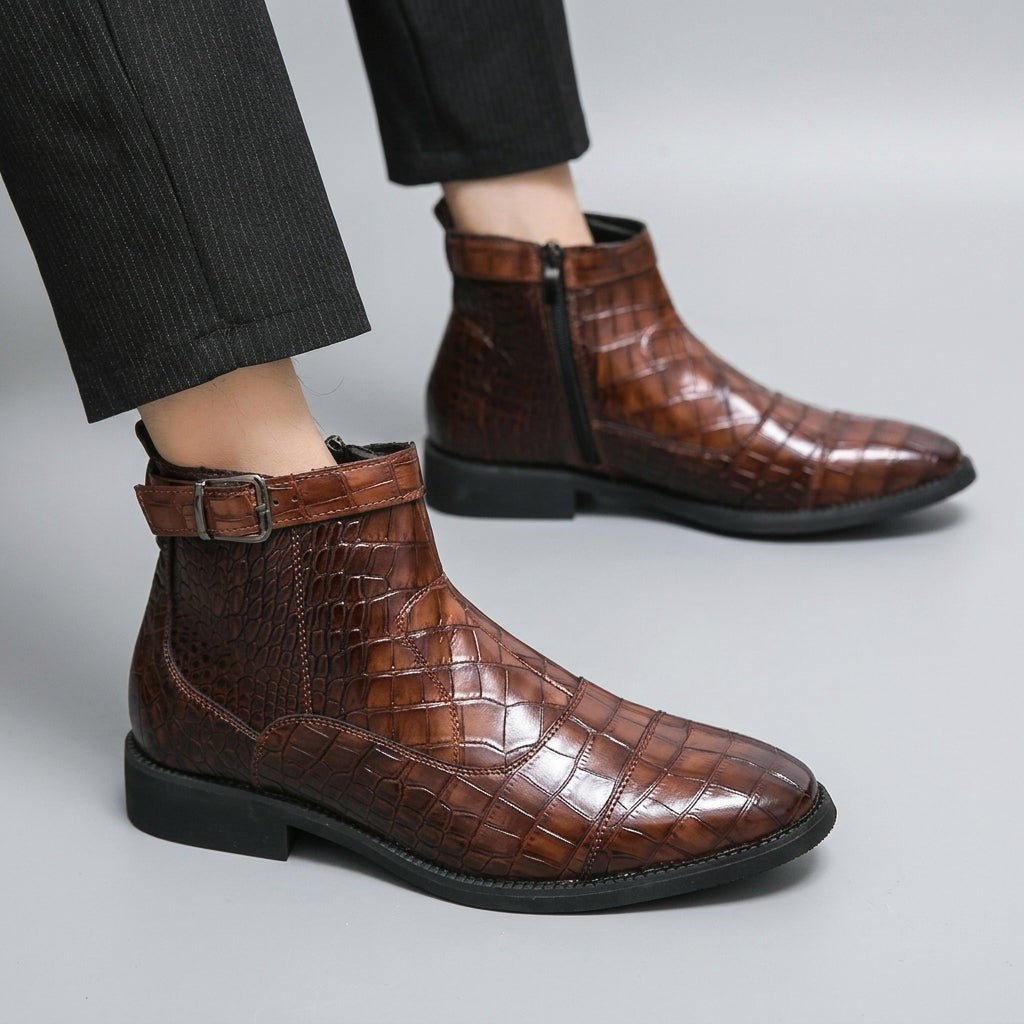 Croc Embossed Zip Ankle Boots Buckle Strap