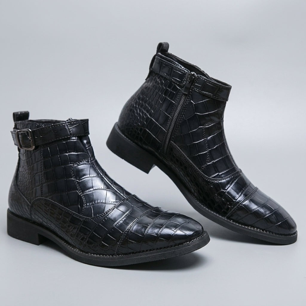 Croc Embossed Zip Ankle Boots Buckle Strap