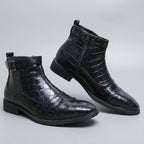 Croc Embossed Zip Ankle Boots Buckle Strap