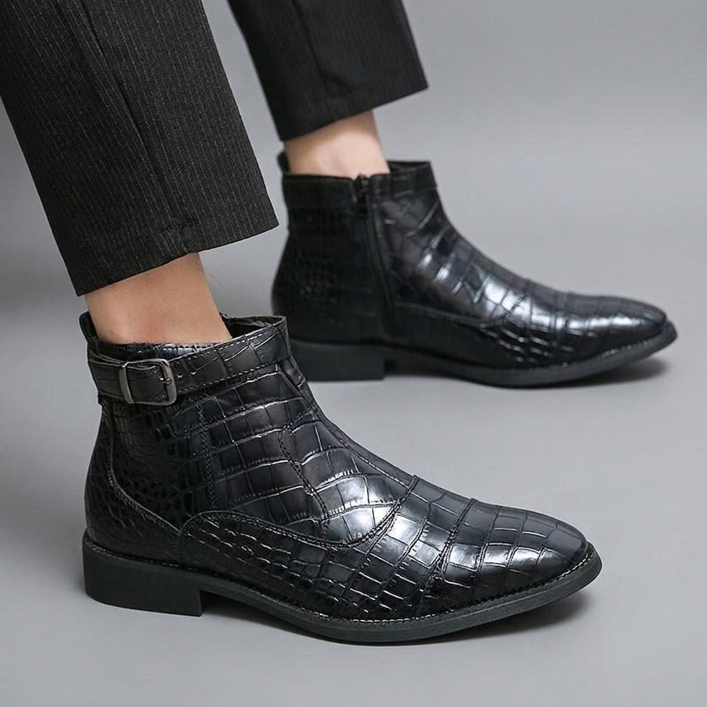 Croc Embossed Zip Ankle Boots Buckle Strap
