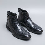 Croc Embossed Zip Ankle Boots Buckle Strap