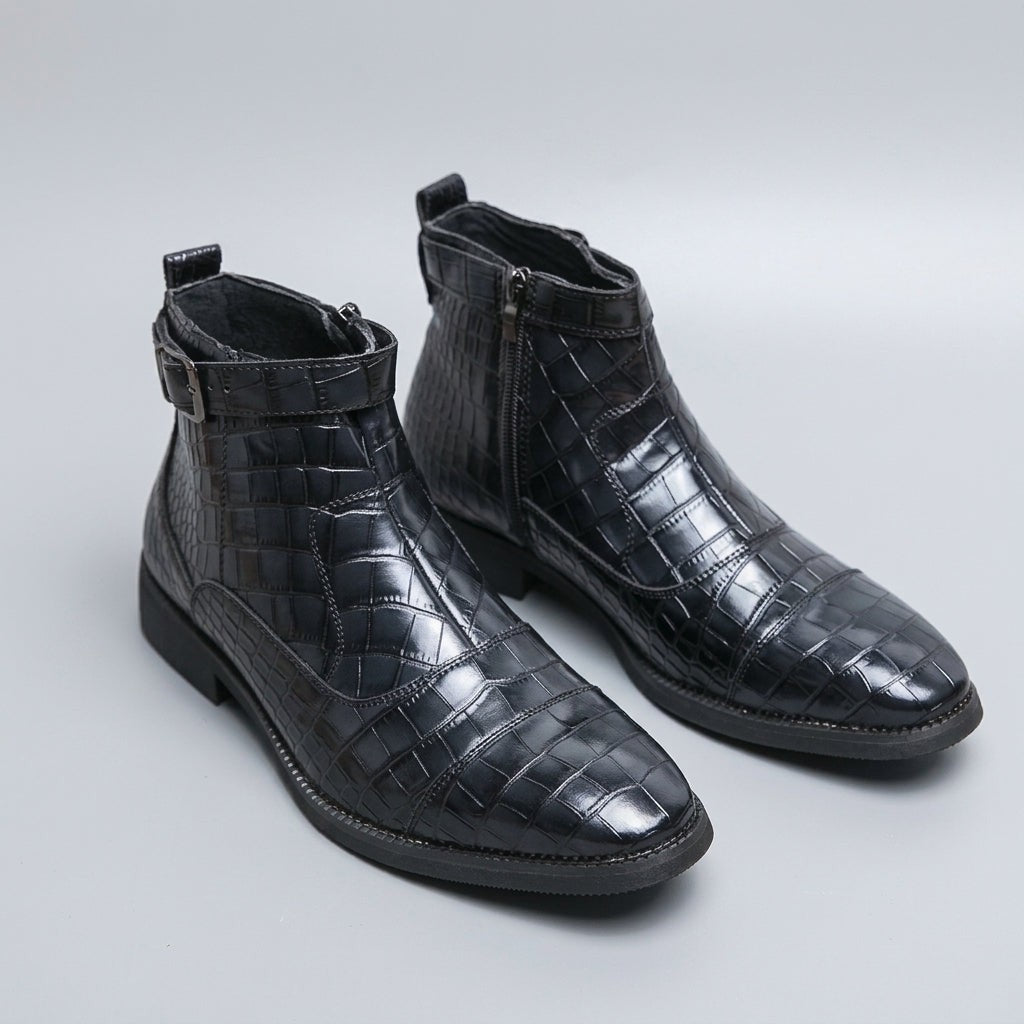 Croc Embossed Zip Ankle Boots Buckle Strap