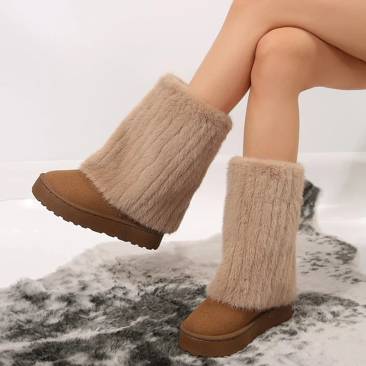 Fluffy Faux Fur Ankle Boots Flat Sole
