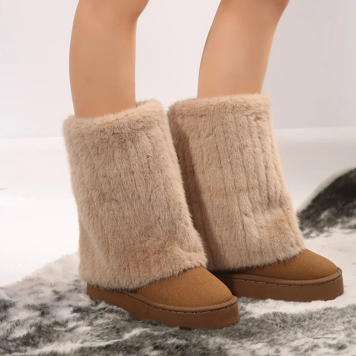 Fluffy Faux Fur Ankle Boots Flat Sole