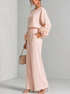 Floral Applique Matching Set Wide Leg Pants