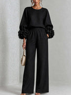 Floral Applique Matching Set Wide Leg Pants