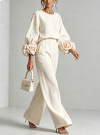 Floral Applique Matching Set Wide Leg Pants