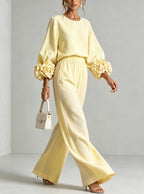 Floral Applique Matching Set Wide Leg Pants