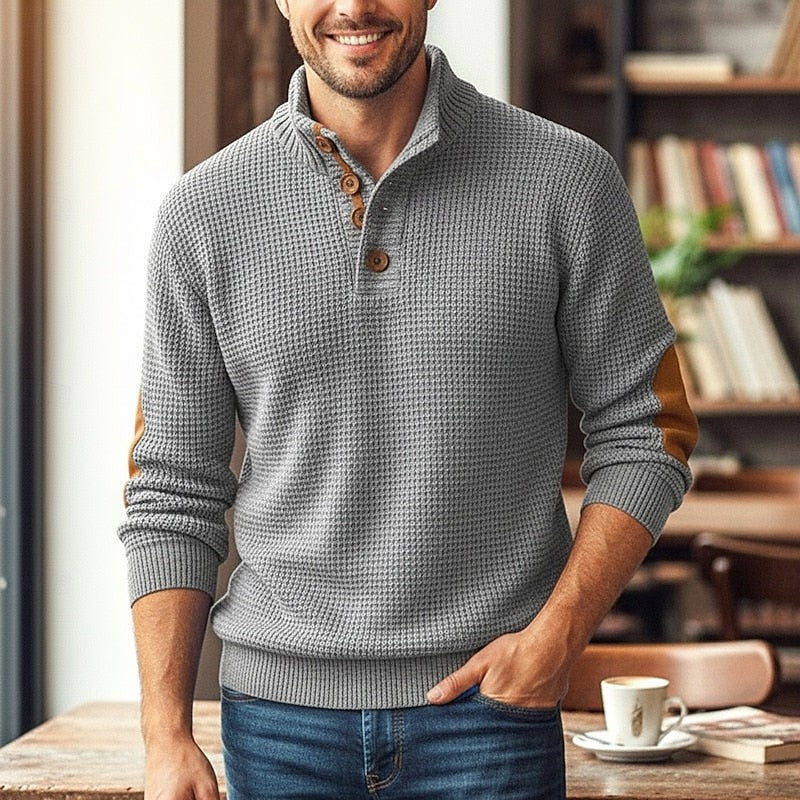 Sweater tipo pulóver con cuello de botones y parche en el codo