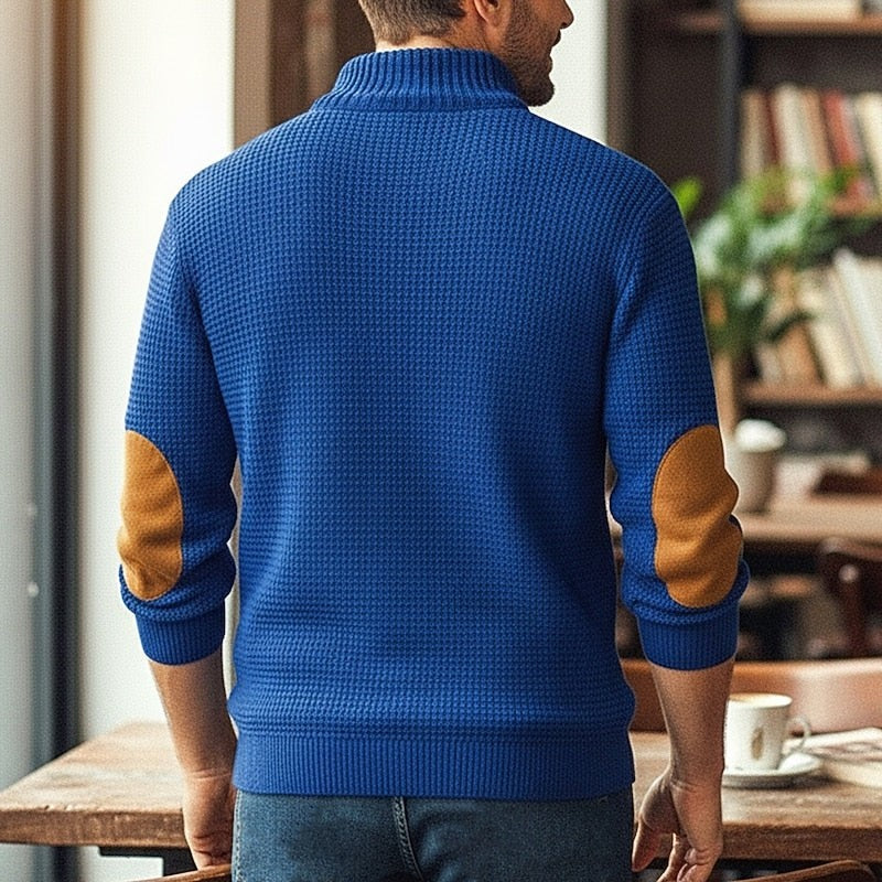 Sweater tipo pulóver con cuello de botones y parche en el codo
