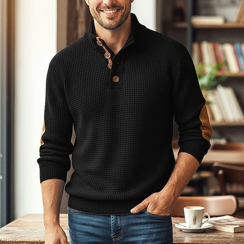 Button Neck Pullover Sweater Elbow Patch