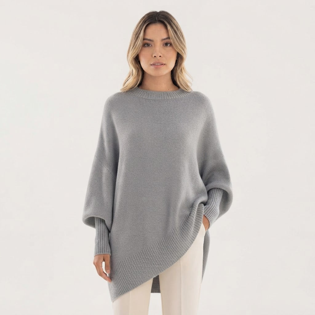 Asymmetric Hem Oversized Sweater Crew Neck