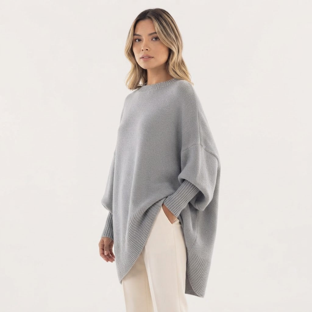 Asymmetric Hem Oversized Sweater Crew Neck