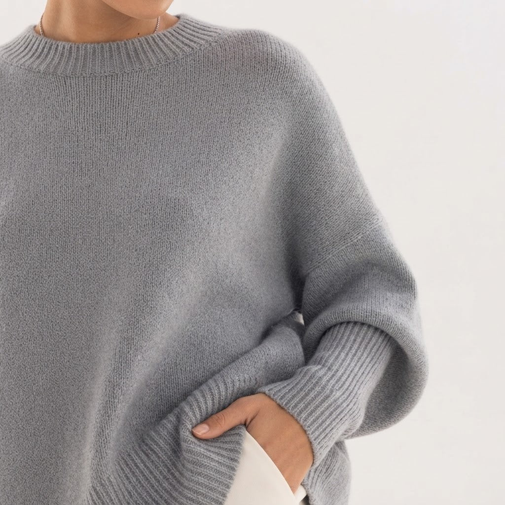 Asymmetric Hem Oversized Sweater Crew Neck