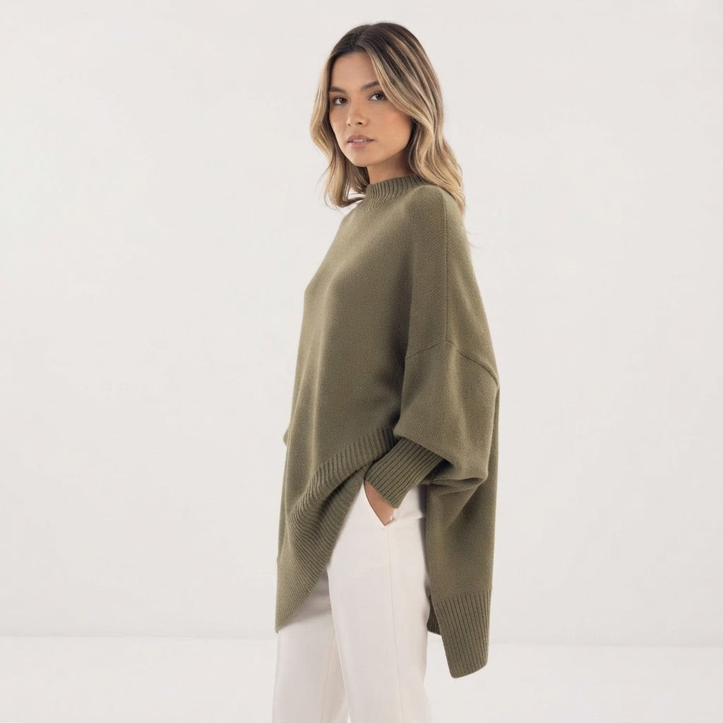 Asymmetric Hem Oversized Sweater Crew Neck