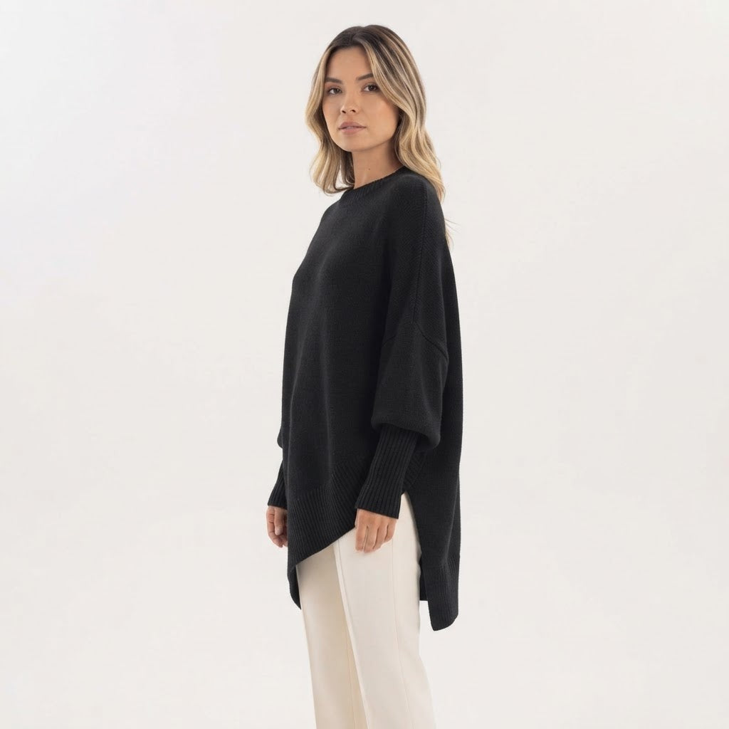 Asymmetric Hem Oversized Sweater Crew Neck