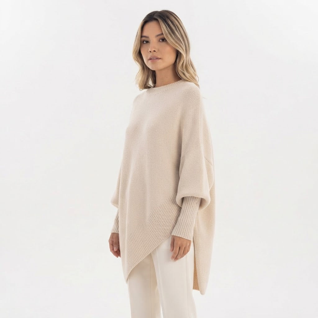 Asymmetric Hem Oversized Sweater Crew Neck