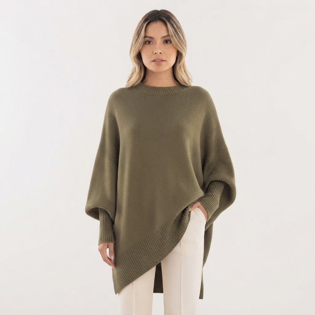 Asymmetric Hem Oversized Sweater Crew Neck