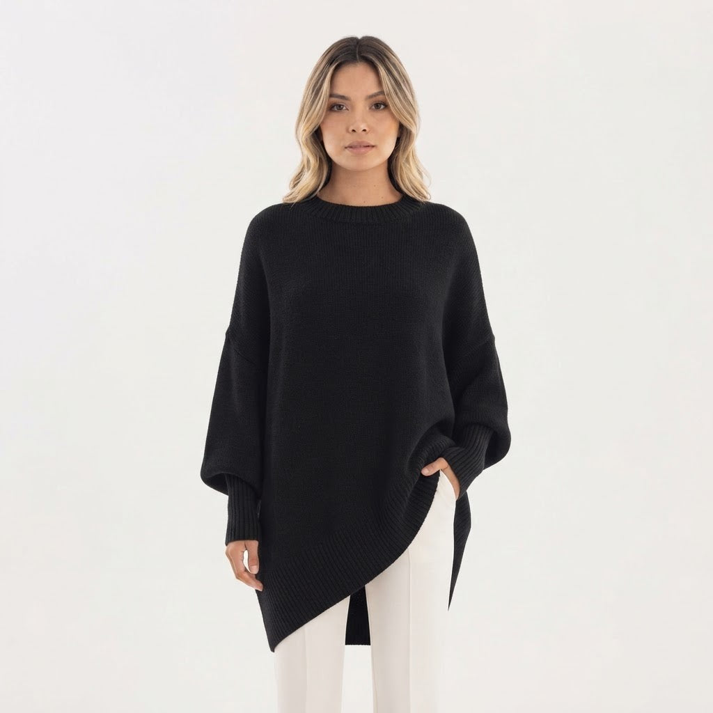 Asymmetric Hem Oversized Sweater Crew Neck