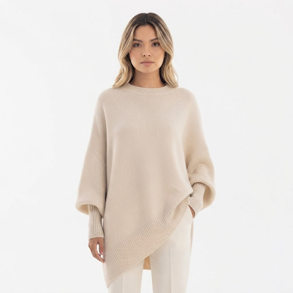 Asymmetric Hem Oversized Sweater Crew Neck