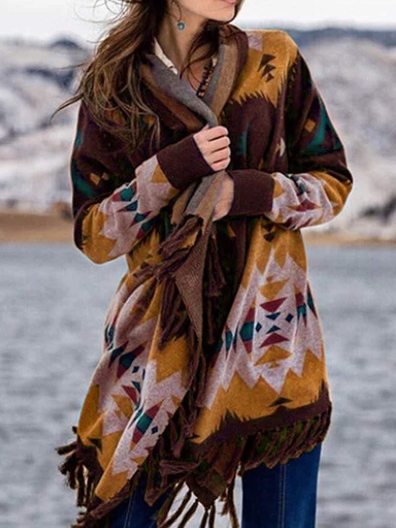 Poncho envolvente azteca bohemio con flecos y manga larga