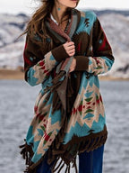 Poncho envolvente azteca bohemio con flecos y manga larga